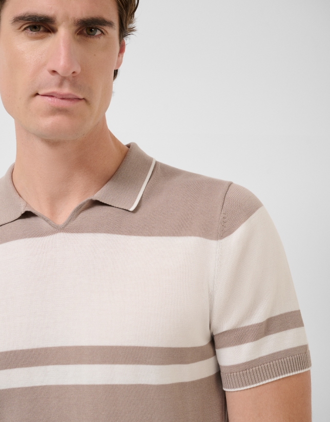 Mink blue/white striped knitted polo shirt