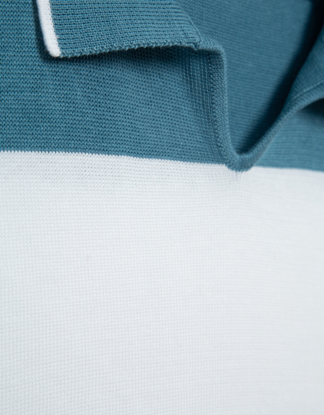 Teal/white striped knitted polo shirt