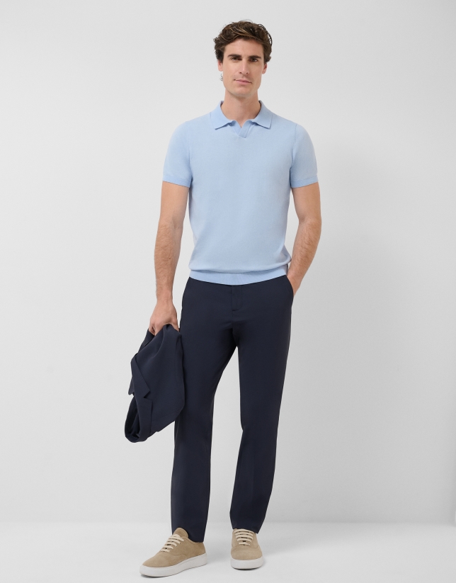 Light blue high twist knitted polo shirt