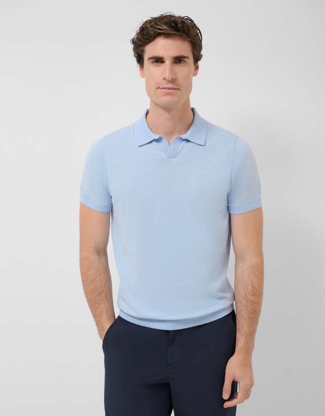 Light blue high twist knitted polo shirt
