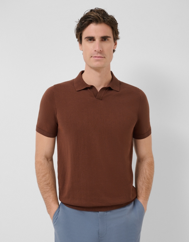 Brown high twist knitted polo shirt