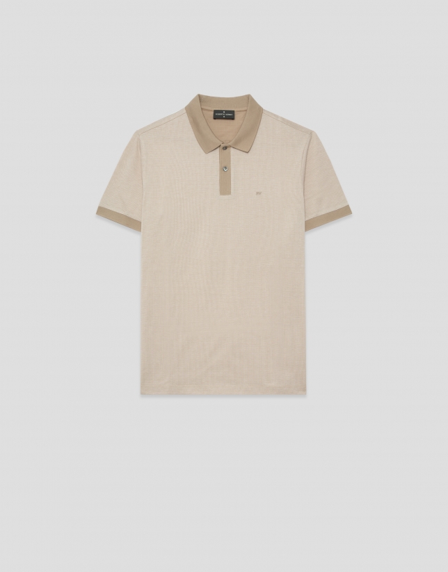 Three-colour camel/white mercerised jacquard polo shirt