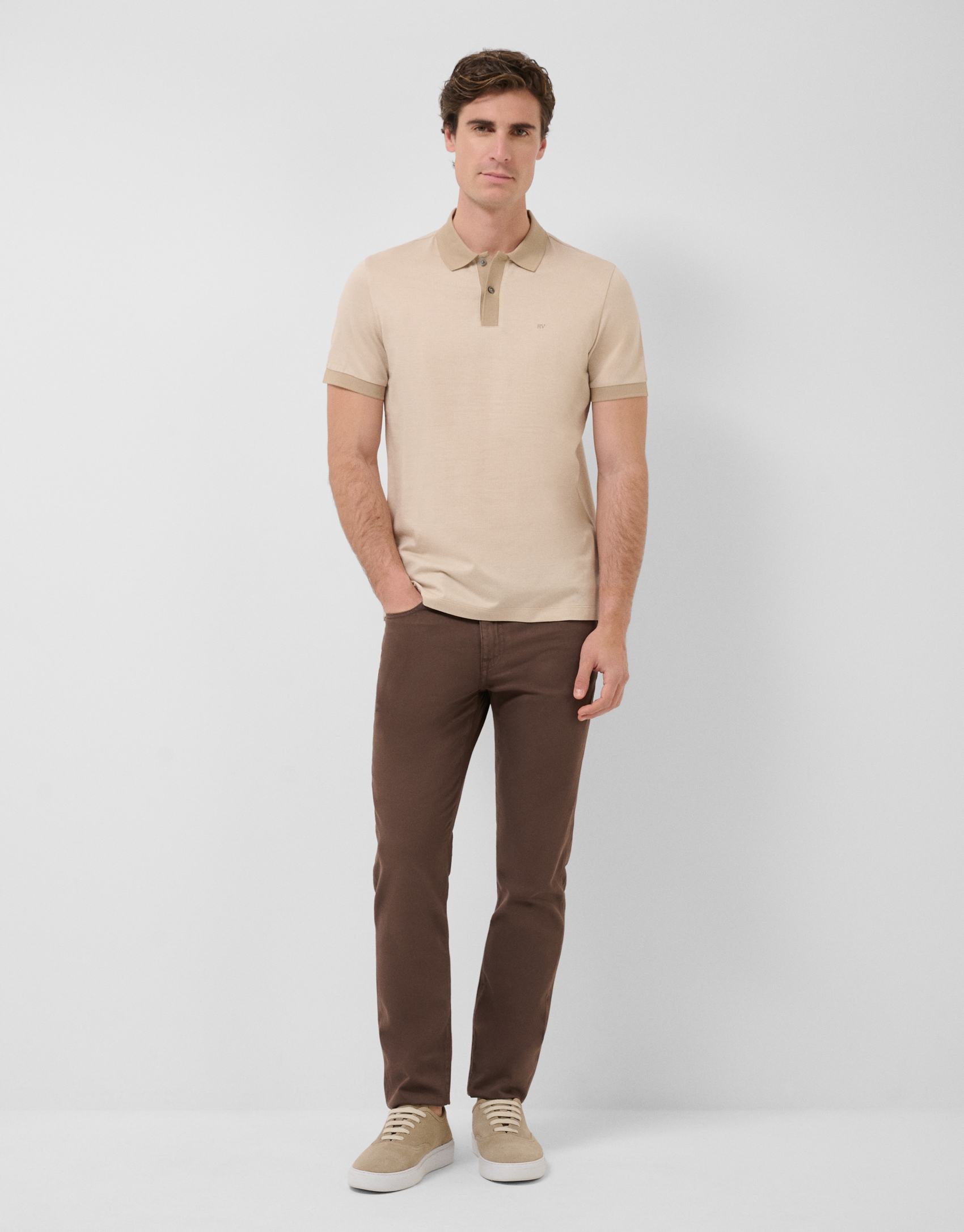 Three-colour camel/white mercerised jacquard polo shirt