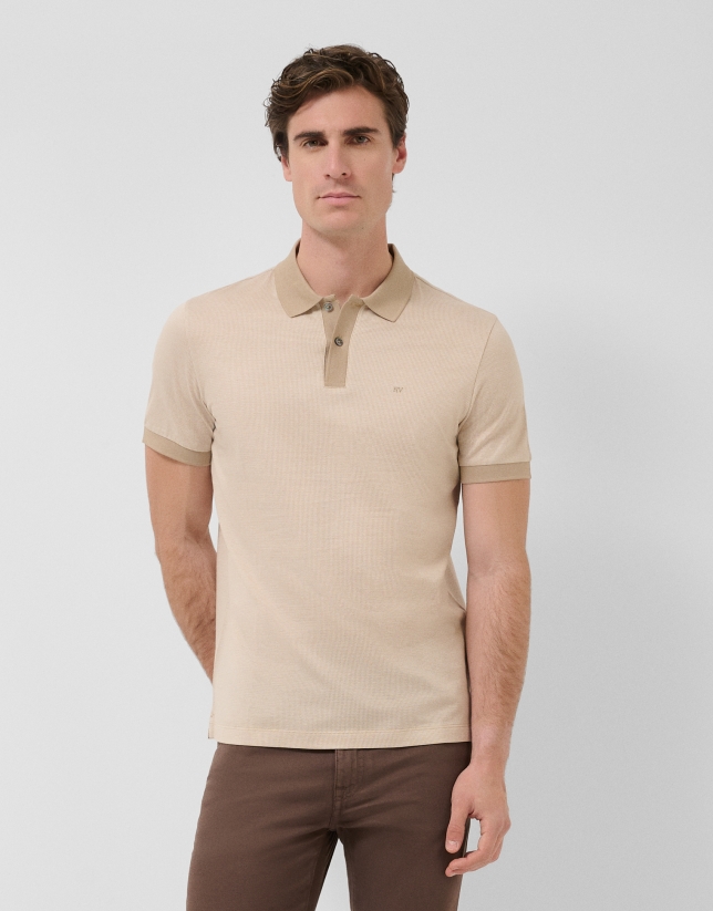 Three-colour camel/white mercerised jacquard polo shirt