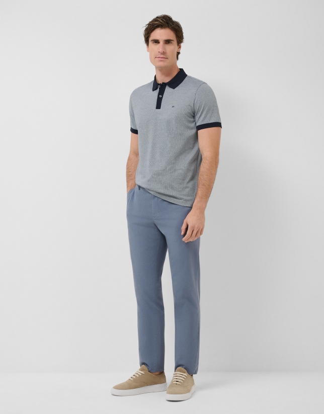 Three-colour blue/white mercerised jacquard polo shirt