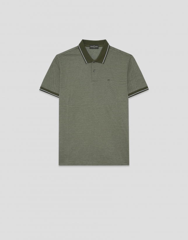 Three-colour khaki/white mercerised jacquard polo shirt