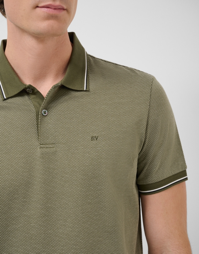 Three-colour khaki/white mercerised jacquard polo shirt