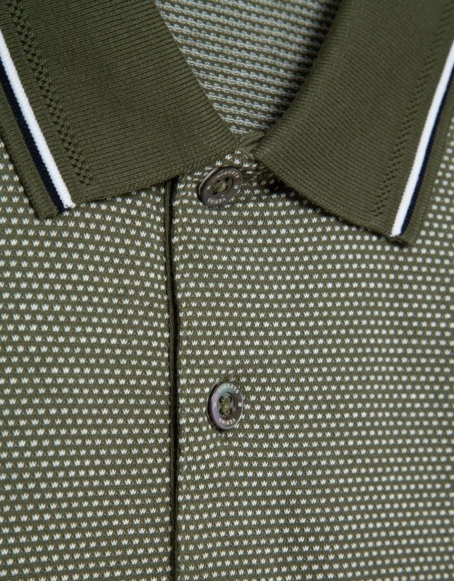 Three-colour khaki/white mercerised jacquard polo shirt