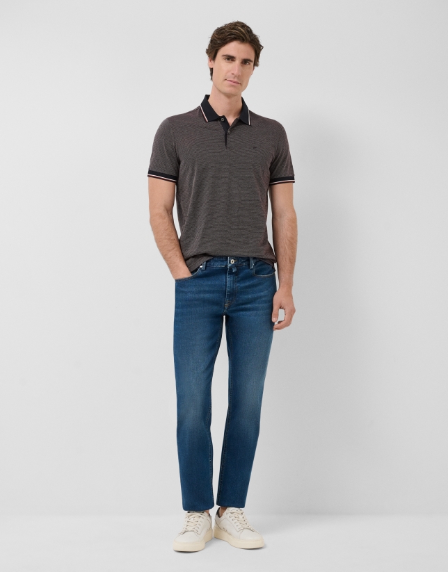 Indigo/orange/white tricolour mercerised jacquard polo shirt