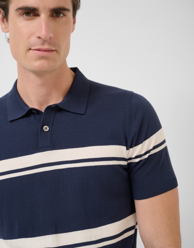 High twist navy/white striped knit polo shirt