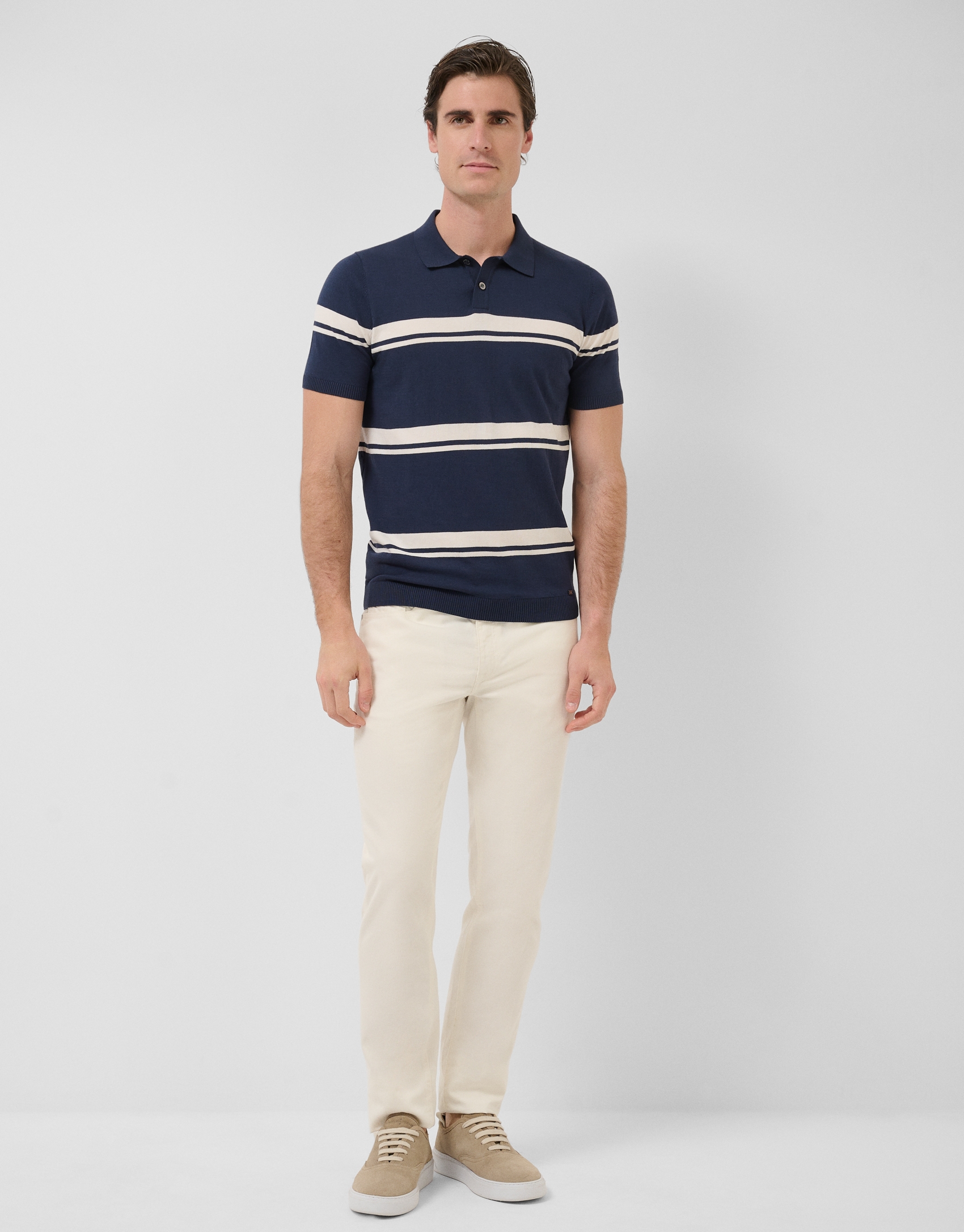 High twist navy/white striped knit polo shirt