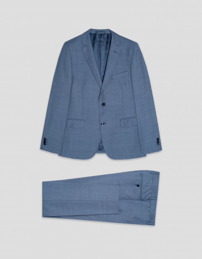Half canvas slim fit suit in blue-grey bird's eye