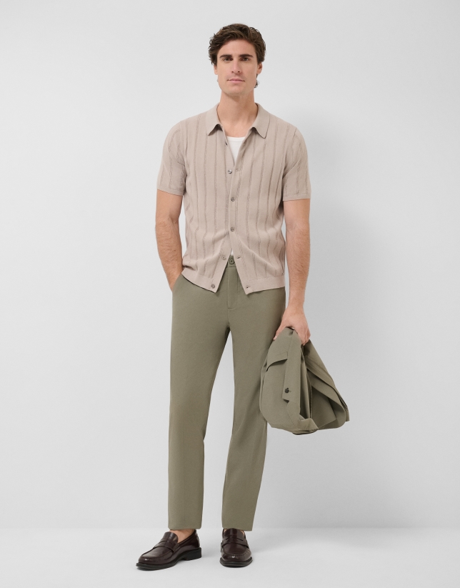 Open-neck mink-coloured cable knit polo shirt