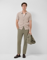 Open-neck mink-coloured cable knit polo shirt