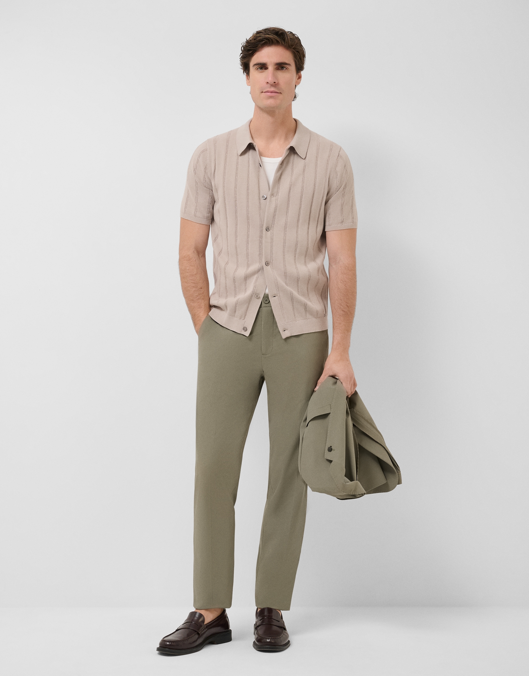 Open-neck mink-coloured cable knit polo shirt