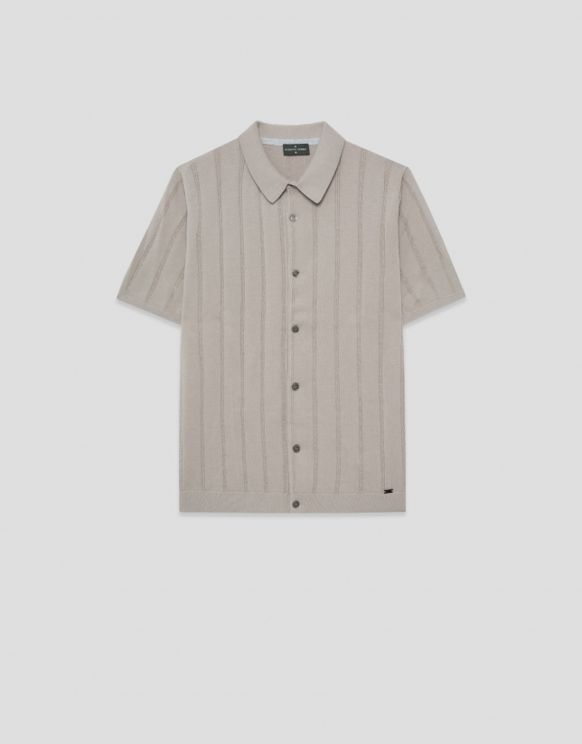 Open-neck mink-coloured cable knit polo shirt