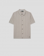 Open-neck mink-coloured cable knit polo shirt