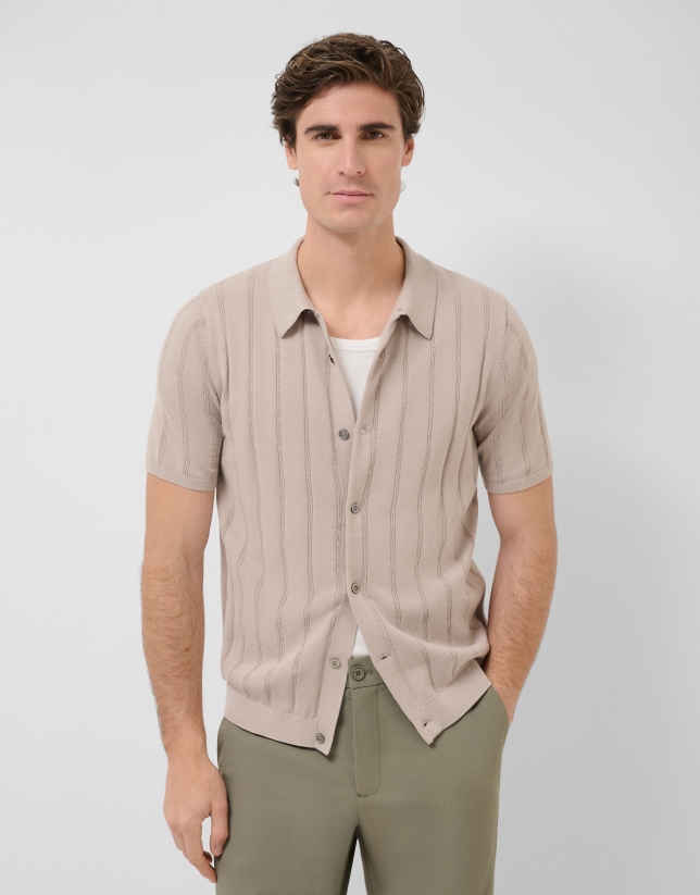 Open-neck mink-coloured cable knit polo shirt