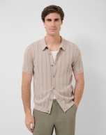 Open-neck mink-coloured cable knit polo shirt