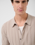 Open-neck mink-coloured cable knit polo shirt