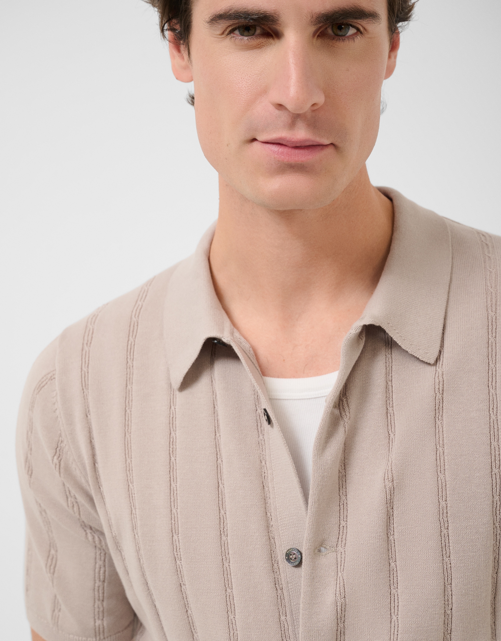 Open-neck mink-coloured cable knit polo shirt