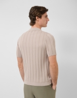 Open-neck mink-coloured cable knit polo shirt