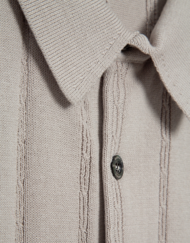 Open-neck mink-coloured cable knit polo shirt