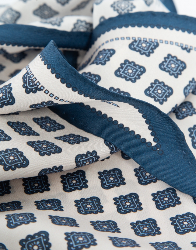 White silk triangular bandana with blue geometric print